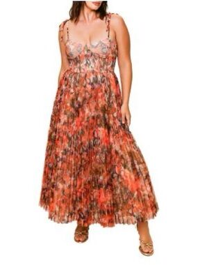 Floral Pleated Maxi Dress in Orange Multi